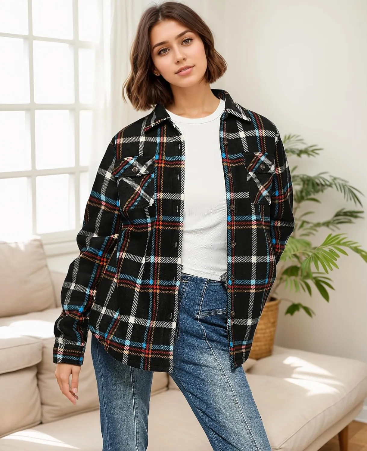 ThCreasa Womens Sherpa Fleece Lined Flannel Shirt Jacket Warm Button Up Plaid Shirt Jac (Sherpa Fleece Throughout)