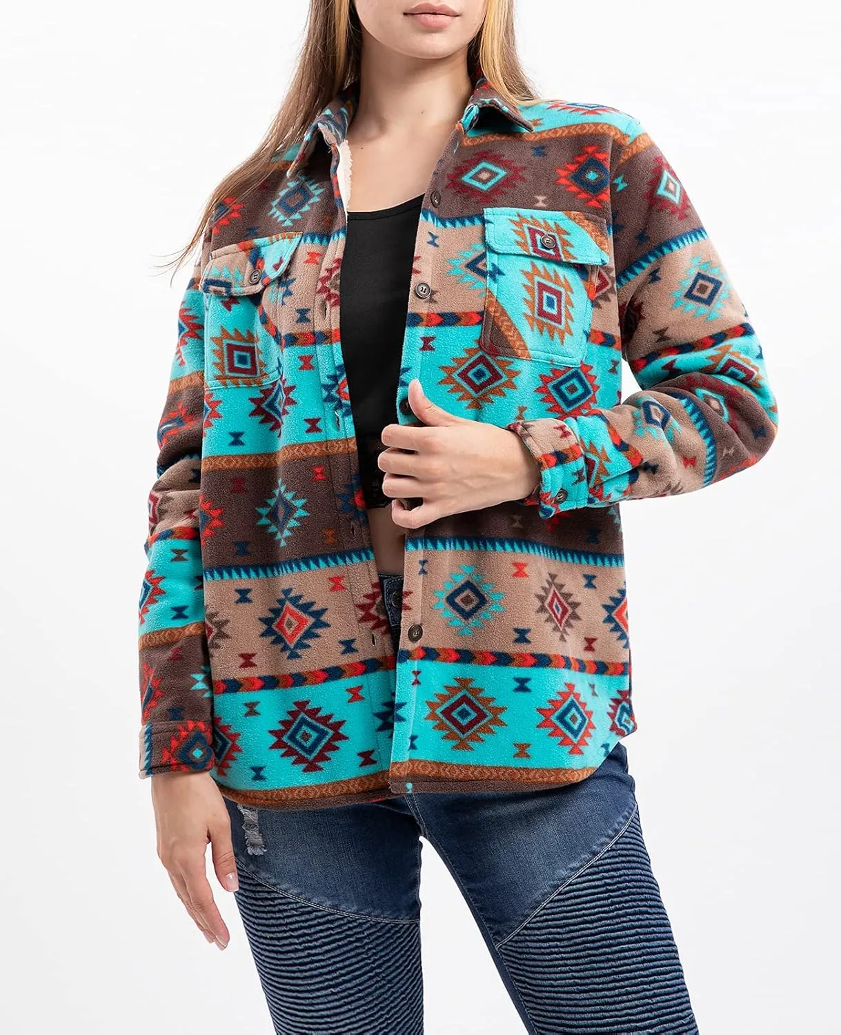 ThCreasa Womens Sherpa Fleece Lined Flannel Shirt Jacket Warm Button Up Plaid Shirt Jac (Sherpa Fleece Throughout)
