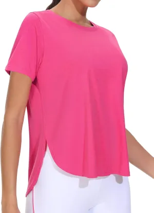 THE GYM PEOPLE Women's Workout T-Shirts Loose Fit Short Sleeve Cotton Running Basic Tee Tops with Split Hem