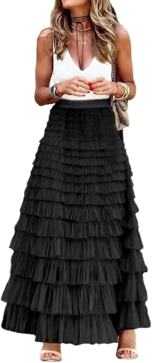 THLAI Womens Mesh Maxi Skirt Long Skirts Spring Summer Solid Skirt