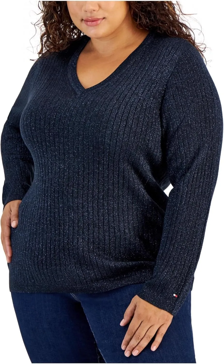 Tommy Hilfiger Womens Ribbed Metallic Threaded Pullover Sweater
