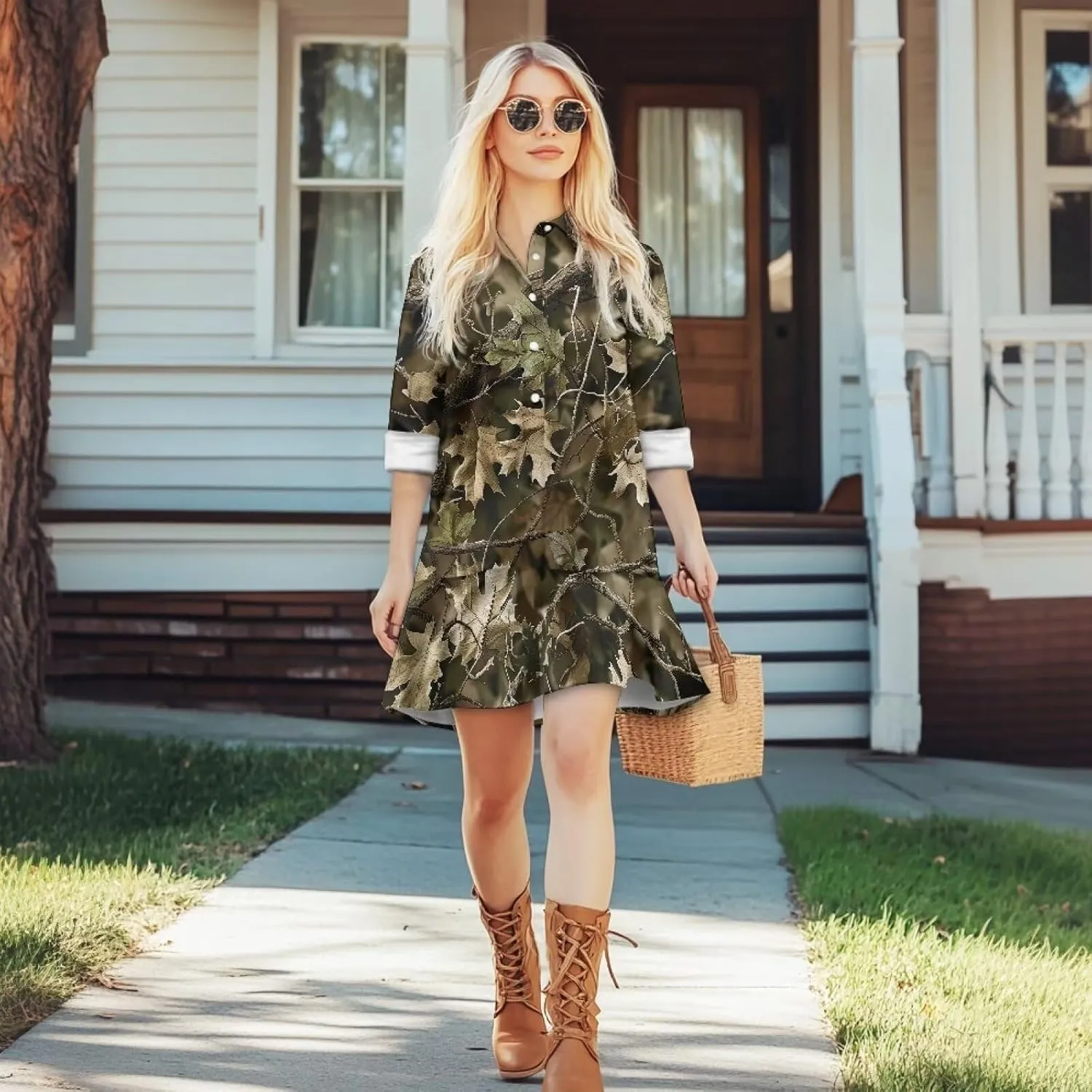 Tunic Mini Shirt Dress for Women Long Sleeve Ruffle Hem Shift Dress Fall Button Down Collared Dress S-2XL