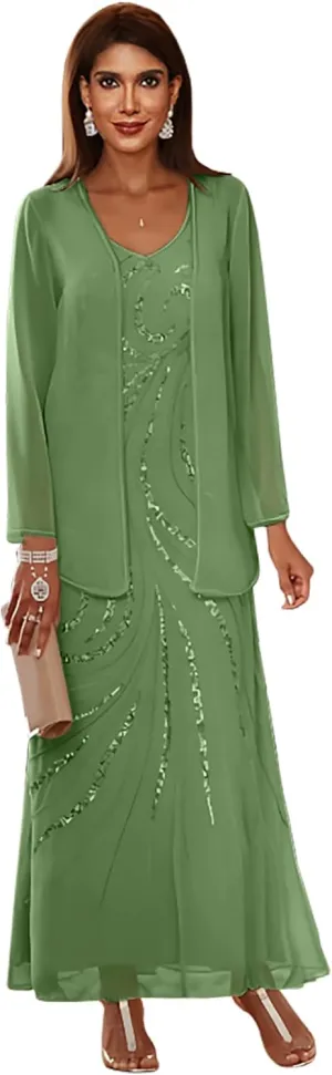 Two Pieces Mother of The Bride Dresses with Jacket Women's Sequins Long Sleeves Formal Evening Gowns WLJ130
