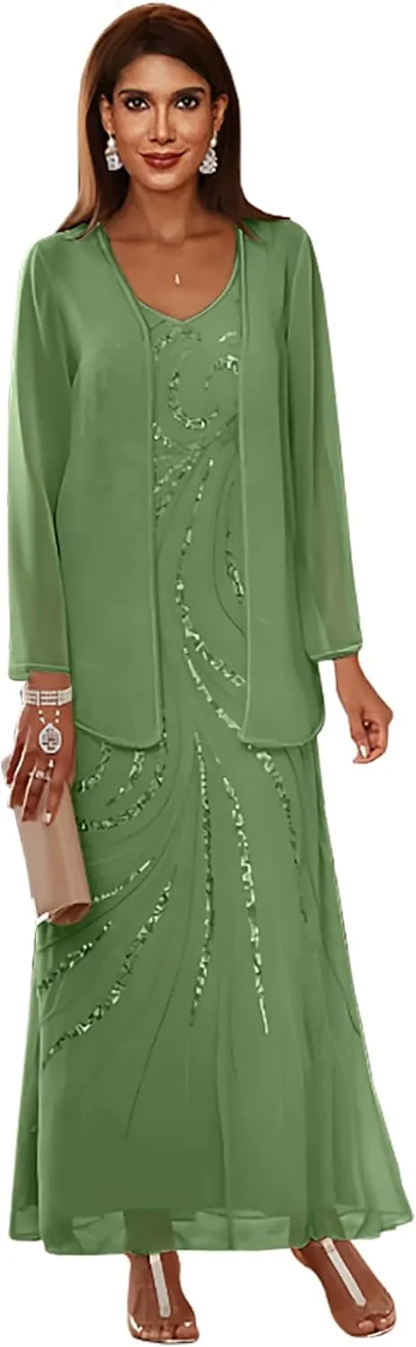 Two Pieces Mother of The Bride Dresses with Jacket Women's Sequins Long Sleeves Formal Evening Gowns WLJ130