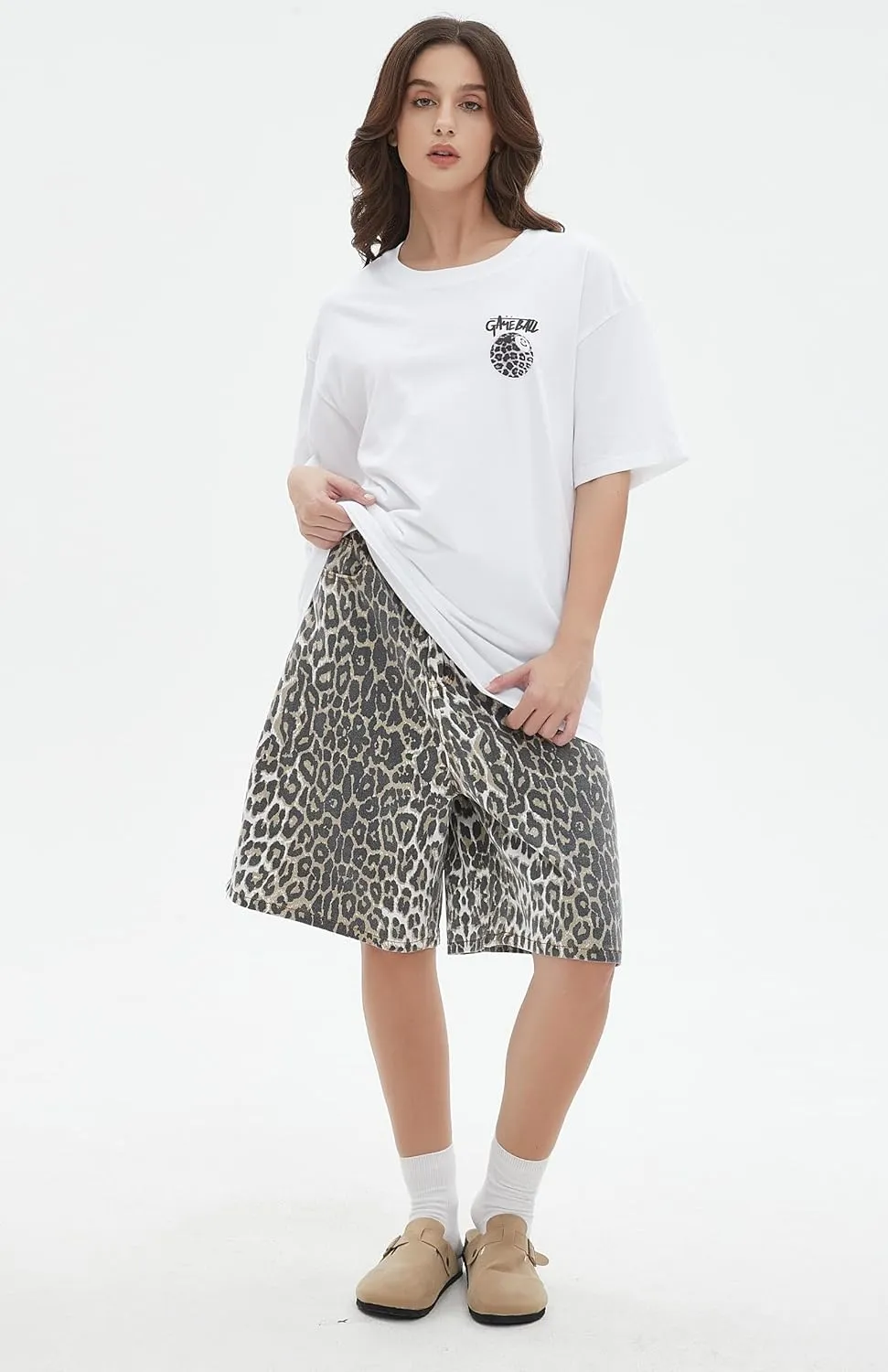 Unisex Leopard Jorts Women Baggy Cheetah Shorts Vintage Straight Leg Jeans Casual Y2K Streetwear