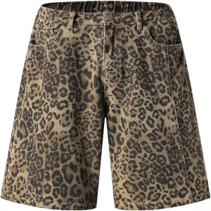 Unisex Leopard Jorts Women Baggy Cheetah Shorts Vintage Straight Leg Jeans Casual Y2K Streetwear
