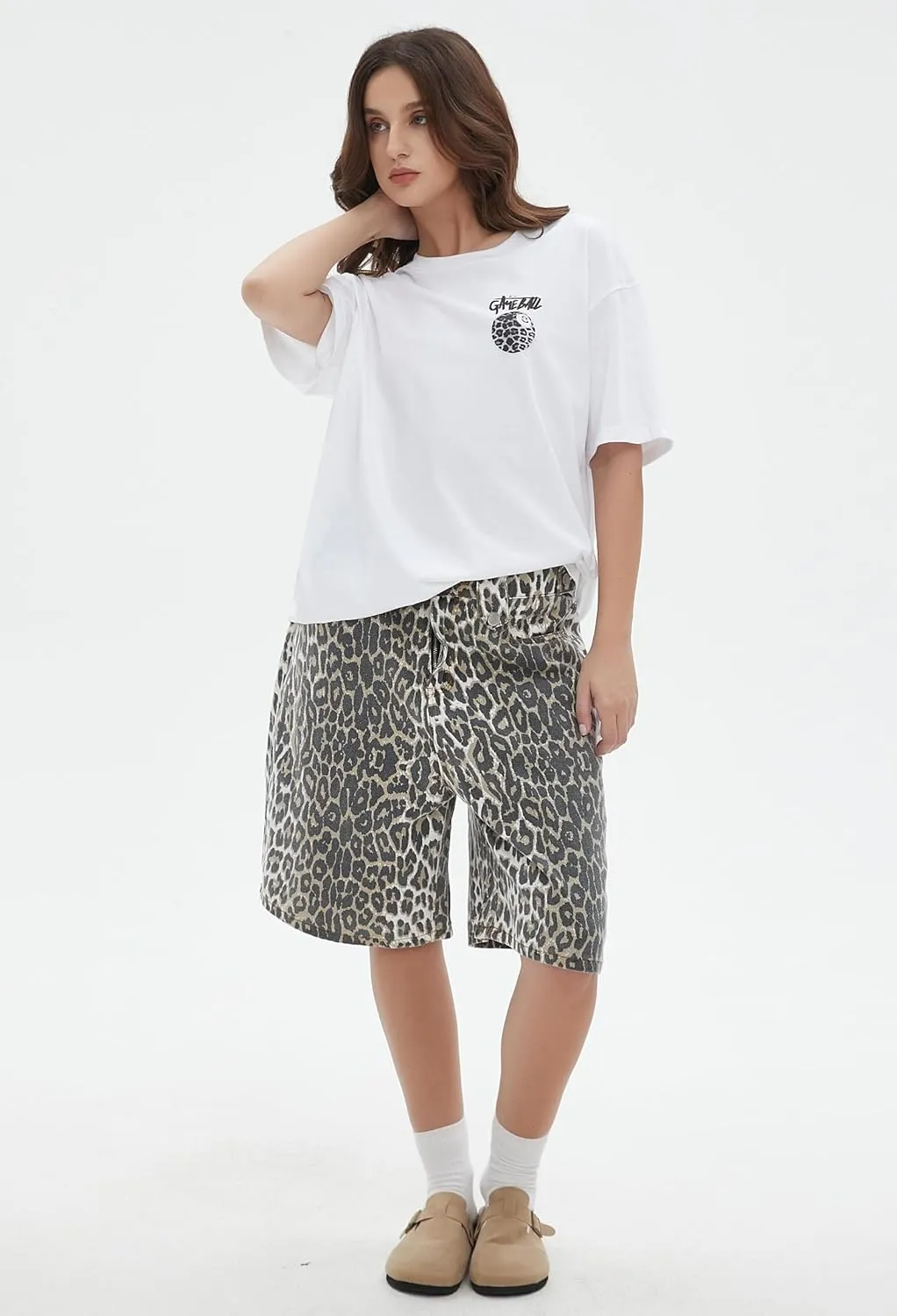 Unisex Leopard Jorts Women Baggy Cheetah Shorts Vintage Straight Leg Jeans Casual Y2K Streetwear