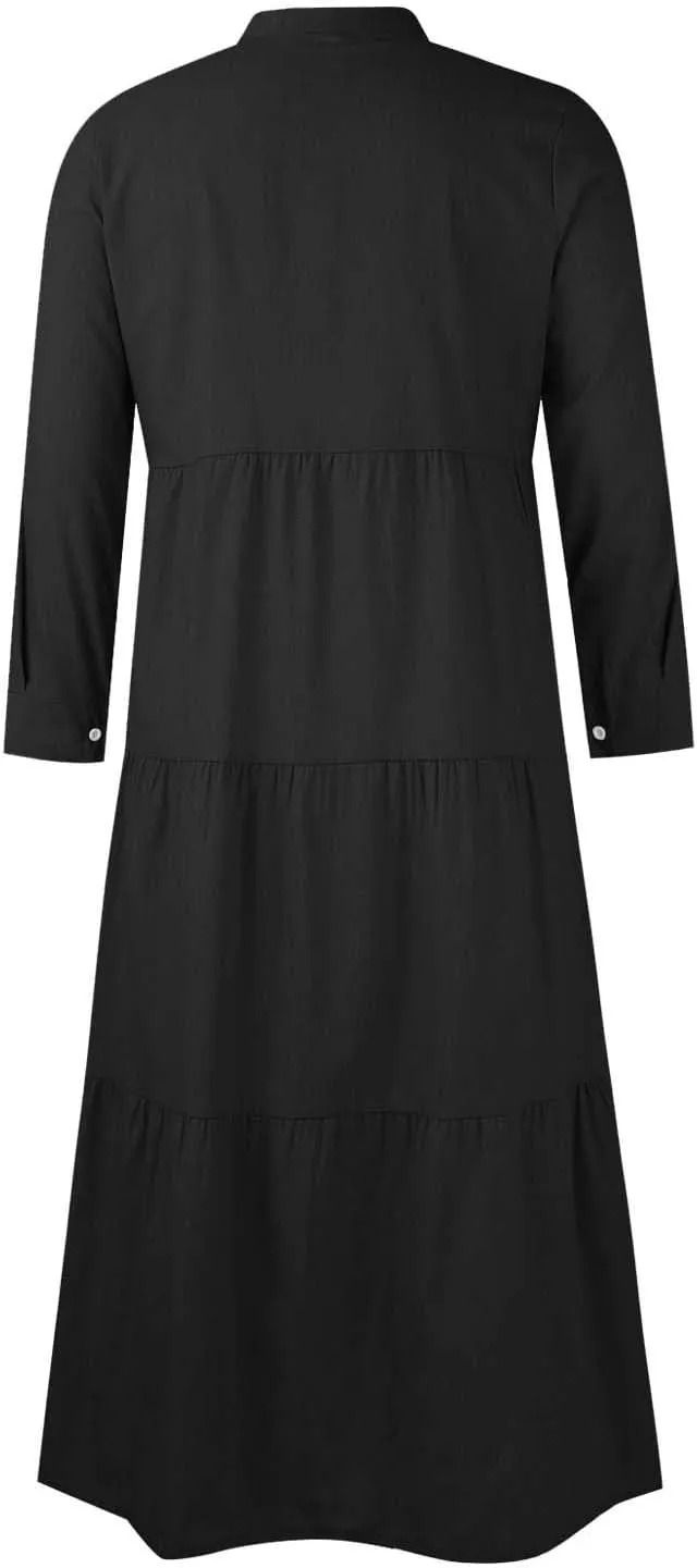 UQRZAU Ladies Denim Button Elegant Dress Long Sleeve Shirt Collar Cardigan Dresses Fashion Solid Color Side Dress, S-5XL