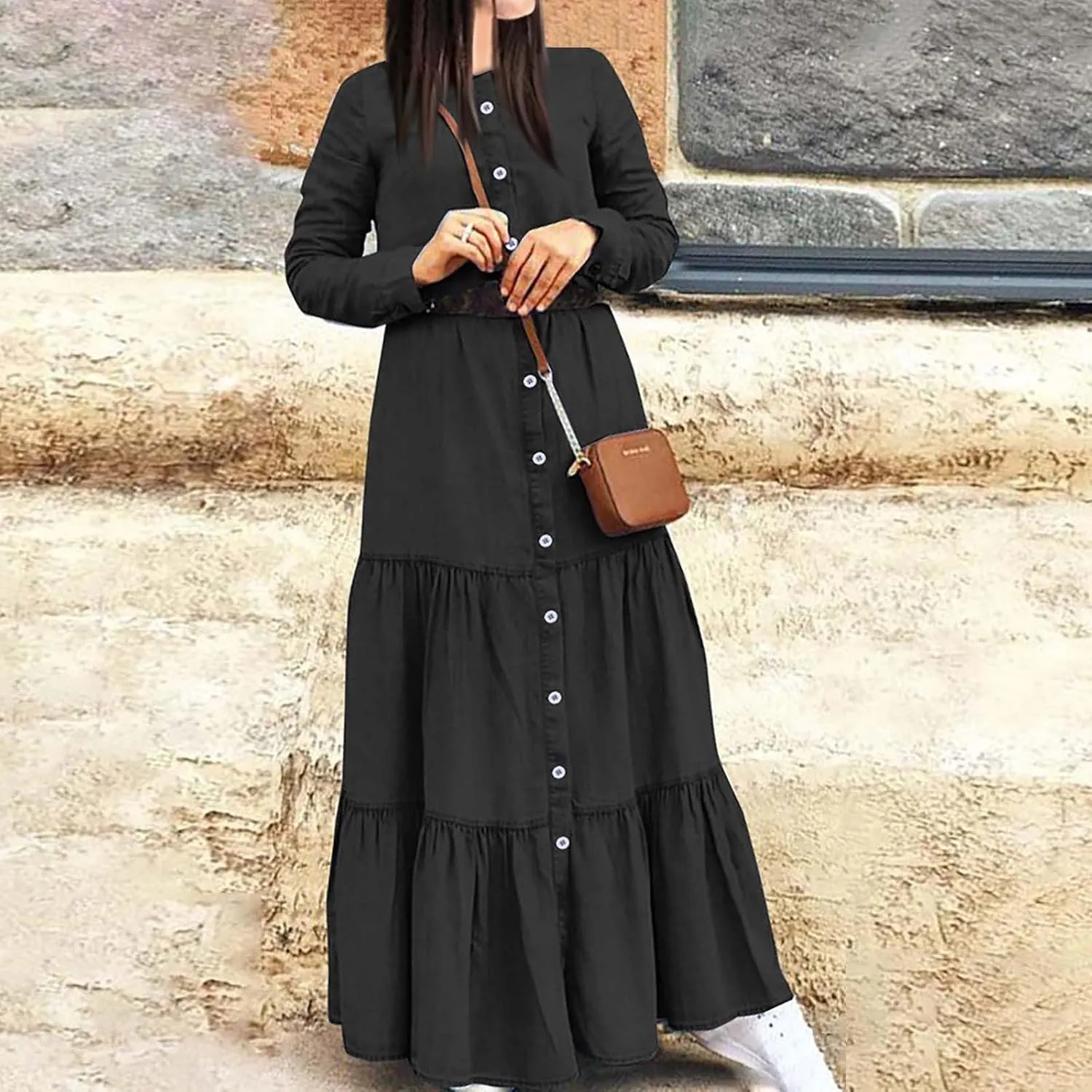 UQRZAU Ladies Denim Button Elegant Dress Long Sleeve Shirt Collar Cardigan Dresses Fashion Solid Color Side Dress, S-5XL