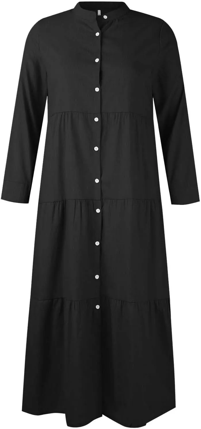 UQRZAU Ladies Denim Button Elegant Dress Long Sleeve Shirt Collar Cardigan Dresses Fashion Solid Color Side Dress, S-5XL