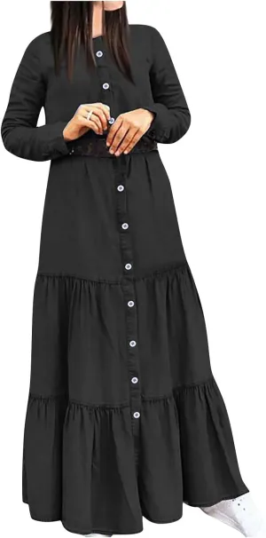 UQRZAU Ladies Denim Button Elegant Dress Long Sleeve Shirt Collar Cardigan Dresses Fashion Solid Color Side Dress, S-5XL