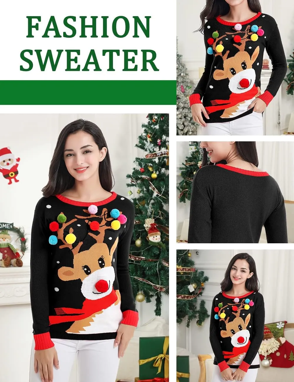 v28 Varied Ugly Christmas Sweater for Women Merry Reindeer Shirt Knit Sweaters