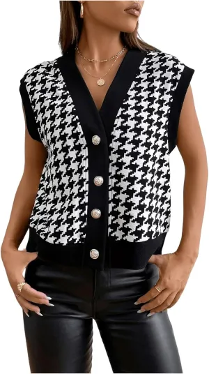 Verdusa Women's Button Front V Neck Sleeveless Houndstooth Print Jacket Lightweight Cardigan Vest