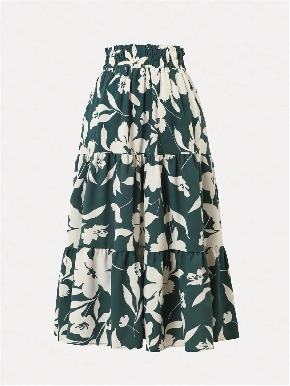 Verdusa Women's Elastic Waist Floral Skirts A Line Midi Swing Flared Leaf Print Skirt