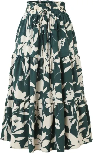 Verdusa Women's Elastic Waist Floral Skirts A Line Midi Swing Flared Leaf Print Skirt