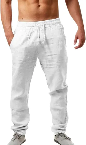 Vickyleb Linen Pants Men Slim Fit Cotton Pants Casual Drawstring Elastic Waist Summer Beach Pleated Chinos Pants for Men