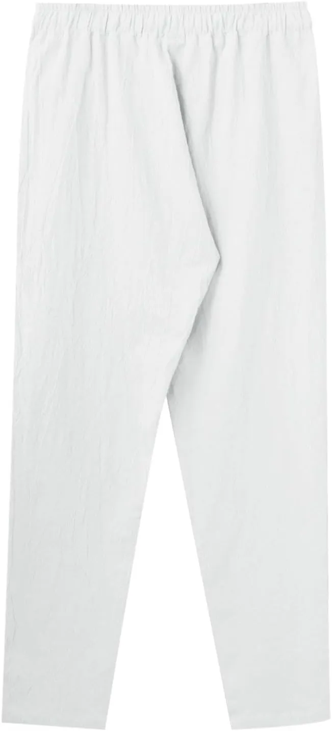 Vickyleb Linen Pants Men Slim Fit Cotton Pants Casual Drawstring Elastic Waist Summer Beach Pleated Chinos Pants for Men