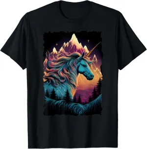 Vintage Unicorn Silhouette with Mountain Sunset Fantasy T-Shirt
