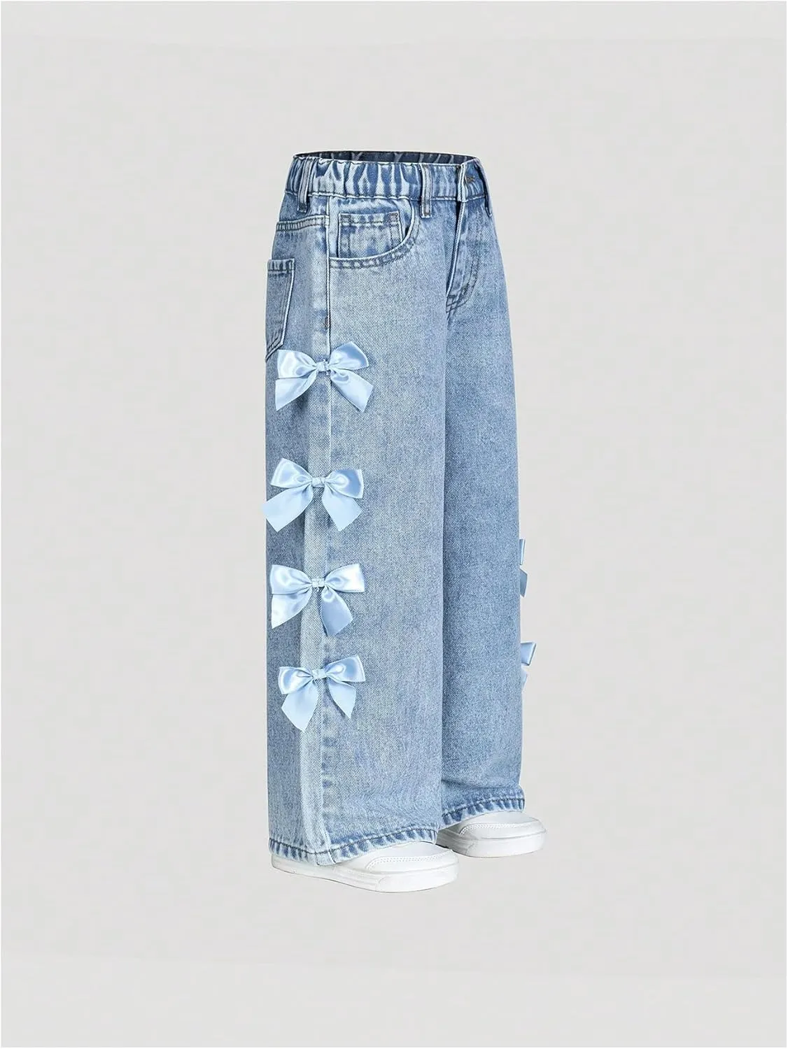 WDIRARA Toddler Girl's Y2k Bow Jeans Elastic High Waisted Wide Leg Denim Pants