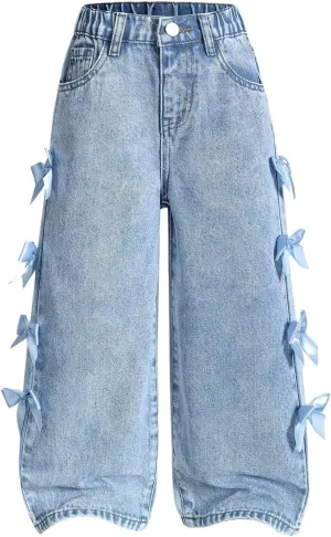 WDIRARA Toddler Girl's Y2k Bow Jeans Elastic High Waisted Wide Leg Denim Pants