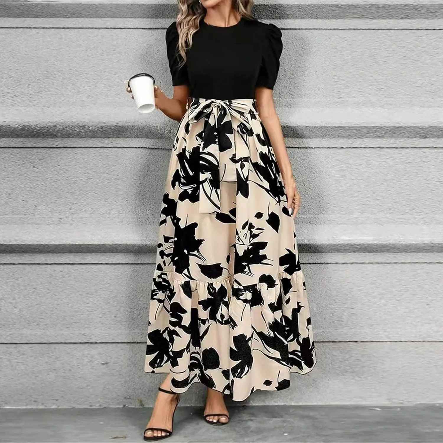 Wedding Guest Dresses for Women Summer Short Sleeve Floral Long Dress Elegant Party Cocktail A Line Flowy Maxi Dress