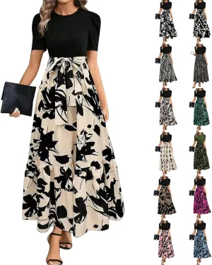 Wedding Guest Dresses for Women Summer Short Sleeve Floral Long Dress Elegant Party Cocktail A Line Flowy Maxi Dress