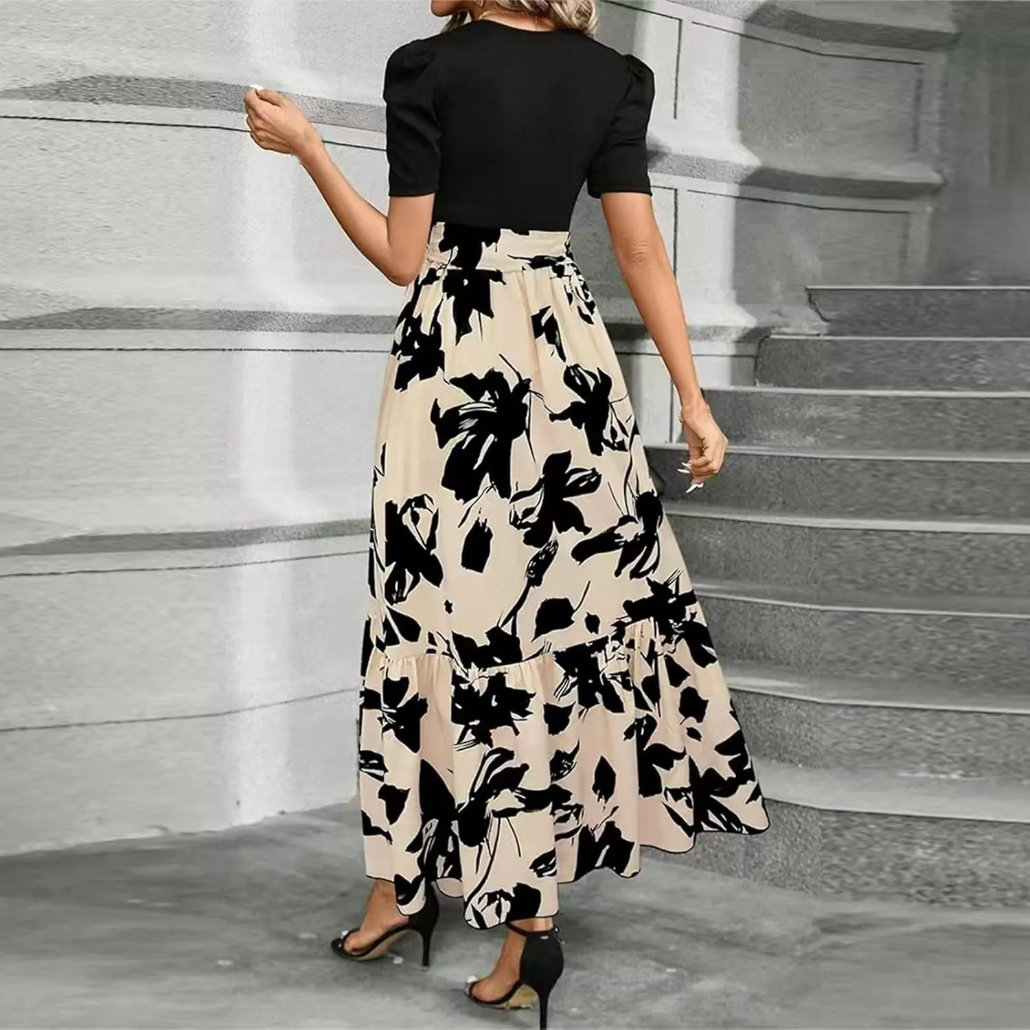 Wedding Guest Dresses for Women Summer Short Sleeve Floral Long Dress Elegant Party Cocktail A Line Flowy Maxi Dress