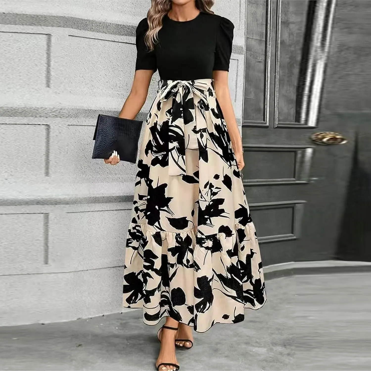 Wedding Guest Dresses for Women Summer Short Sleeve Floral Long Dress Elegant Party Cocktail A Line Flowy Maxi Dress