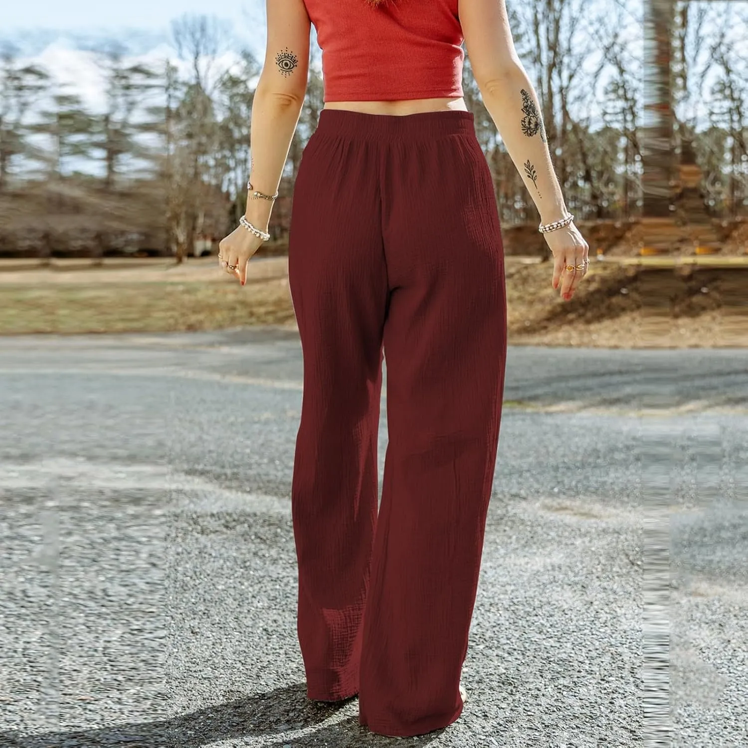 Wide Leg Linen Pant Woman Summer Beach Drawstring Elastic High Waist Palazzo Pant Cotton Linen Trousers with Pockets