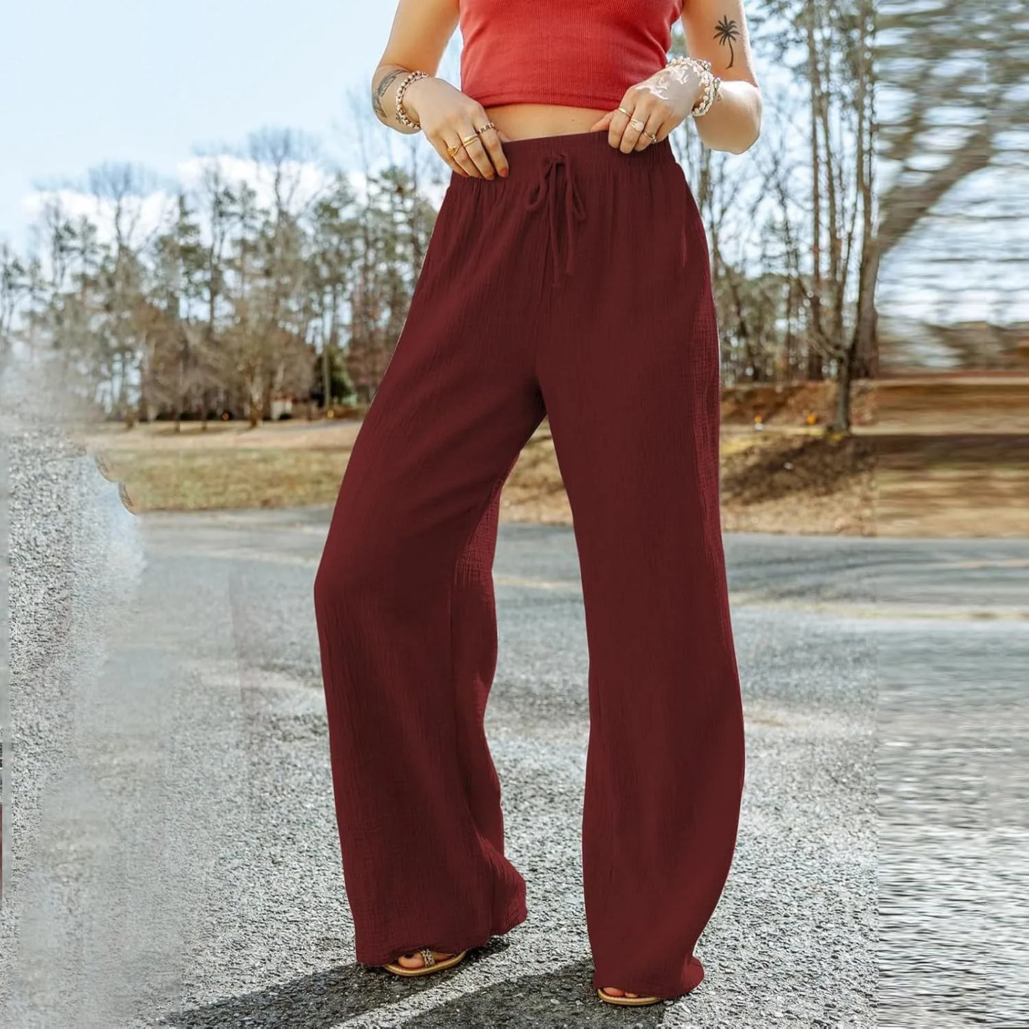 Wide Leg Linen Pant Woman Summer Beach Drawstring Elastic High Waist Palazzo Pant Cotton Linen Trousers with Pockets