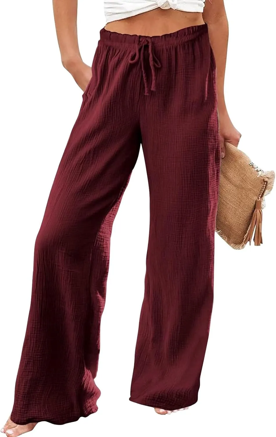 Wide Leg Linen Pant Woman Summer Beach Drawstring Elastic High Waist Palazzo Pant Cotton Linen Trousers with Pockets