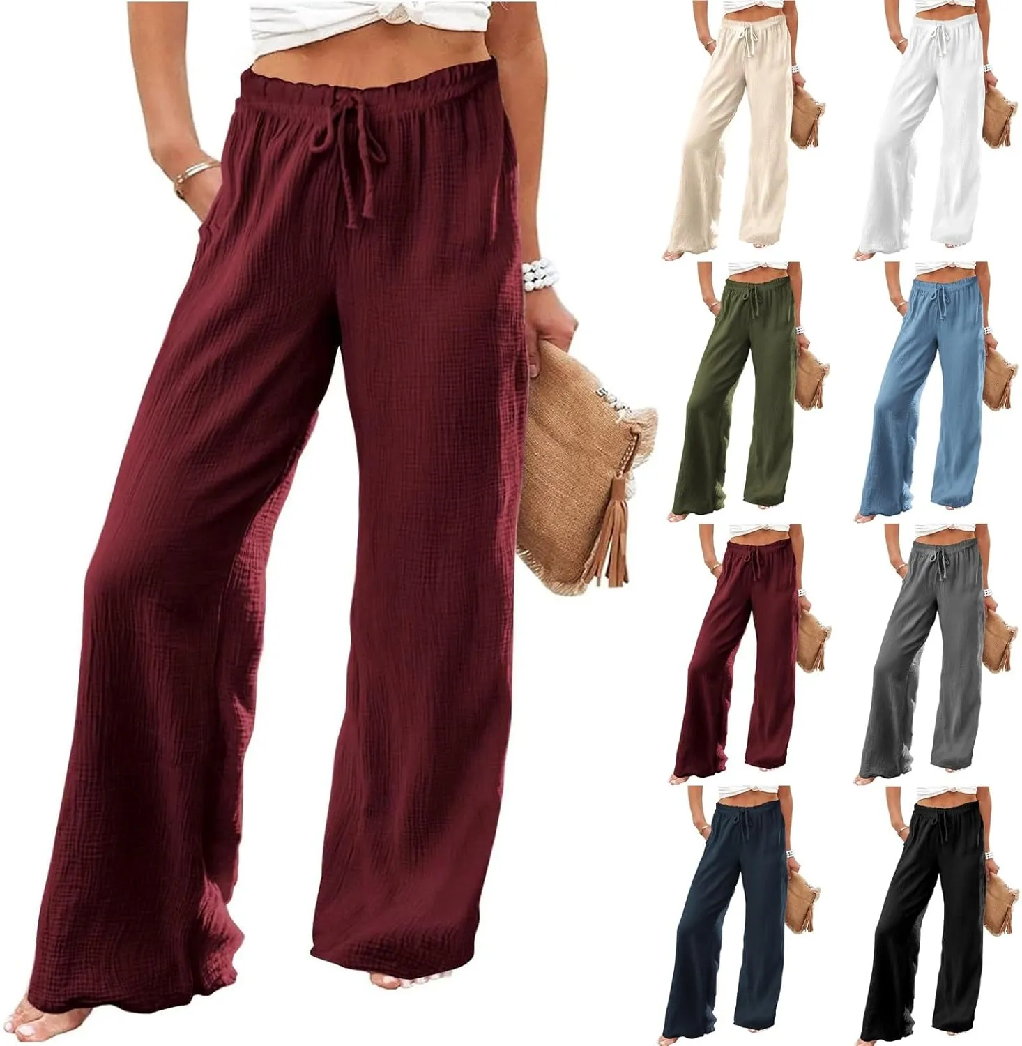Wide Leg Linen Pant Woman Summer Beach Drawstring Elastic High Waist Palazzo Pant Cotton Linen Trousers with Pockets