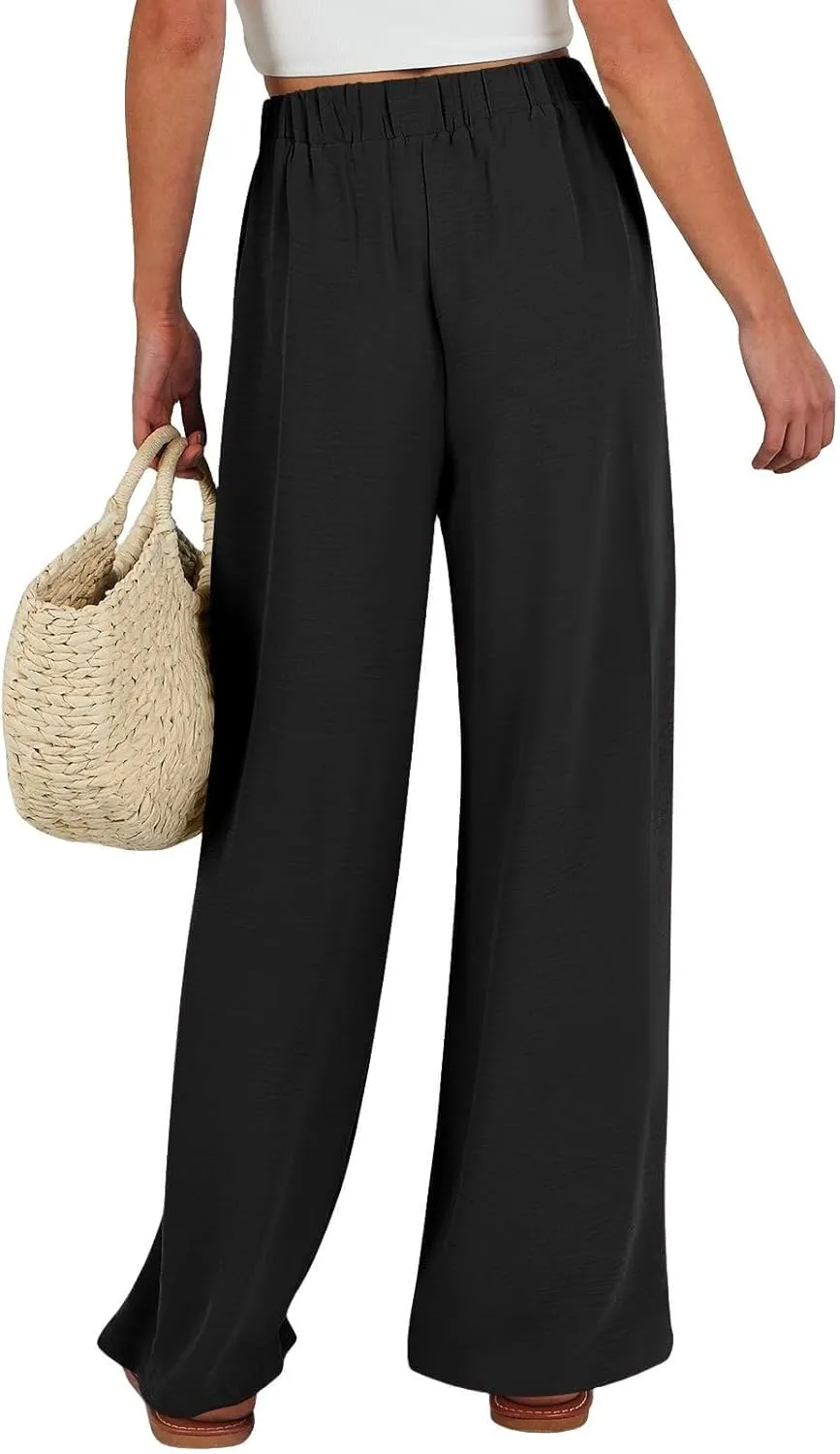 Wide Leg Linen Pants for Women Dressy High Waist Adjustable Knot Palazzo Lounge Trousers Business Work Casual Pants