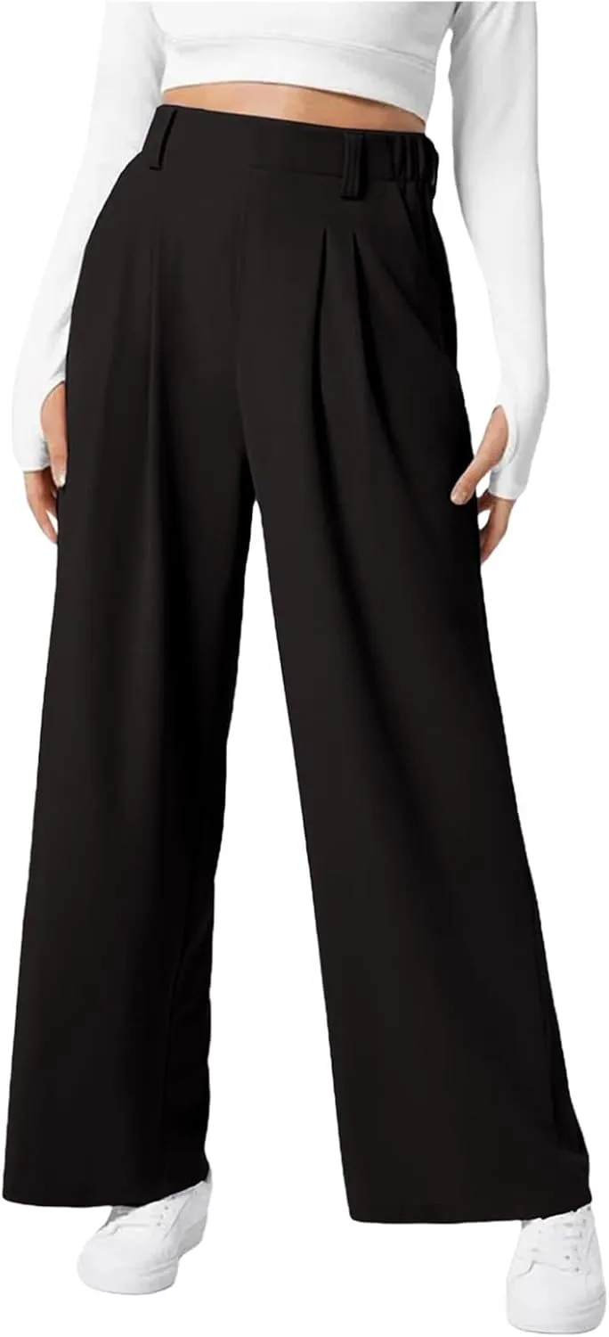 Wide Leg Pants for Women Waffle Knit Casual Palazzo Elastic High Waist Pants Baggy Flowy Dress Trousers with Pockets