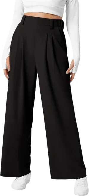 Wide Leg Pants for Women Waffle Knit Casual Palazzo Elastic High Waist Pants Baggy Flowy Dress Trousers with Pockets