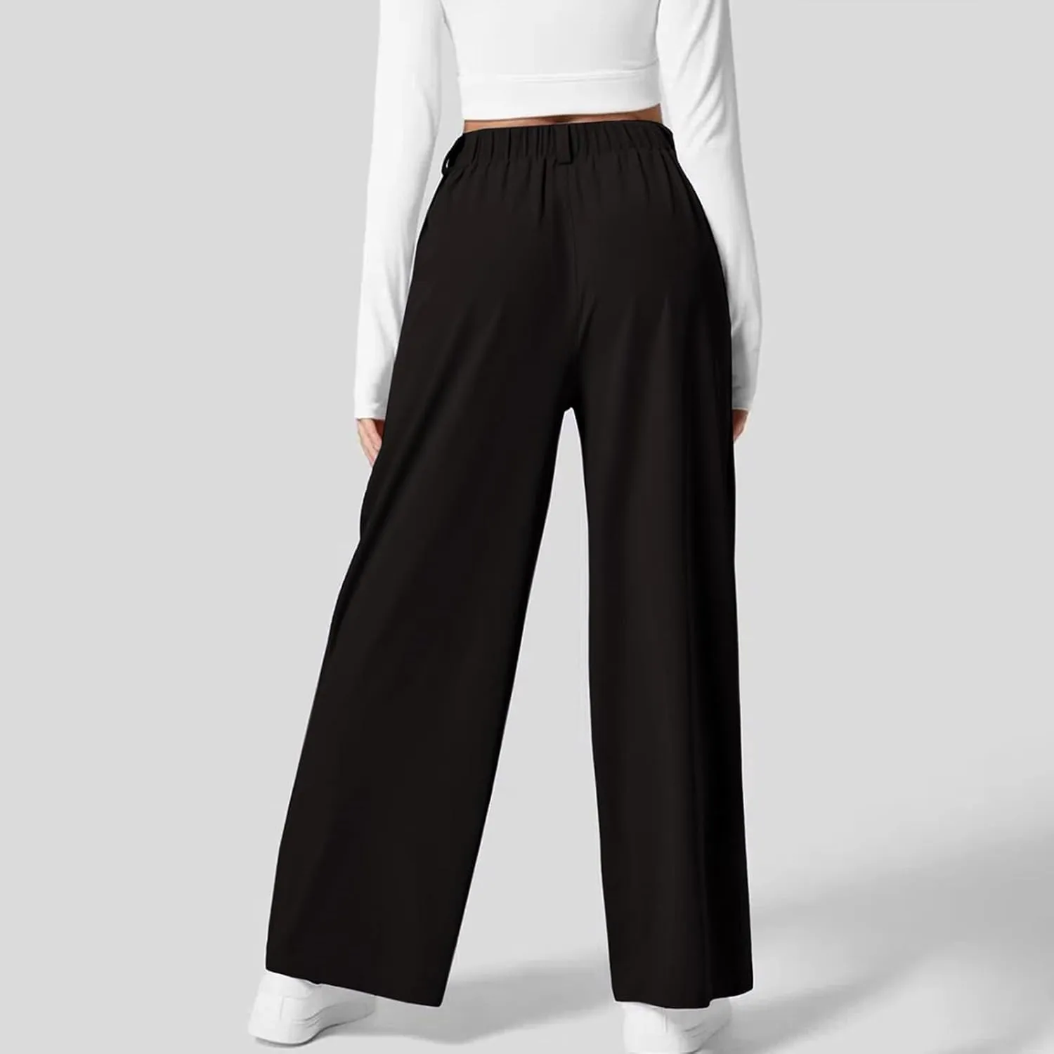 Wide Leg Pants for Women Waffle Knit Casual Palazzo Elastic High Waist Pants Baggy Flowy Dress Trousers with Pockets