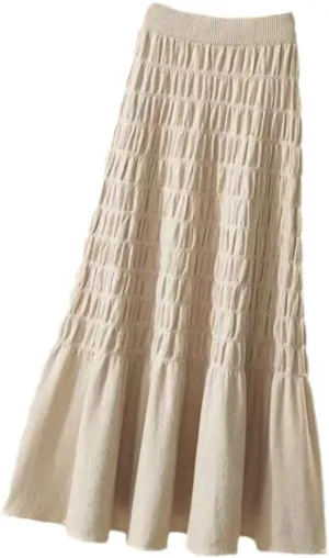Winter Pleated Knitted Women Office Long Skirt Autumn Thickening Sweater A-Line Large Swing Midi Skirt