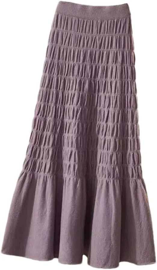 Winter Pleated Knitted Women Office Long Skirt Autumn Thickening Sweater A-Line Large Swing Midi Skirt