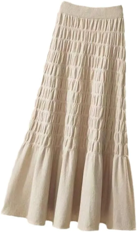 Winter Pleated Knitted Women Office Long Skirt Autumn Thickening Sweater A-Line Large Swing Midi Skirt