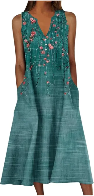 Women Boho Floral Print Midi Sun Dresses Casual Sleeveless Loose Flowy Dress Elegant Summer Beach Sundress with Pocket