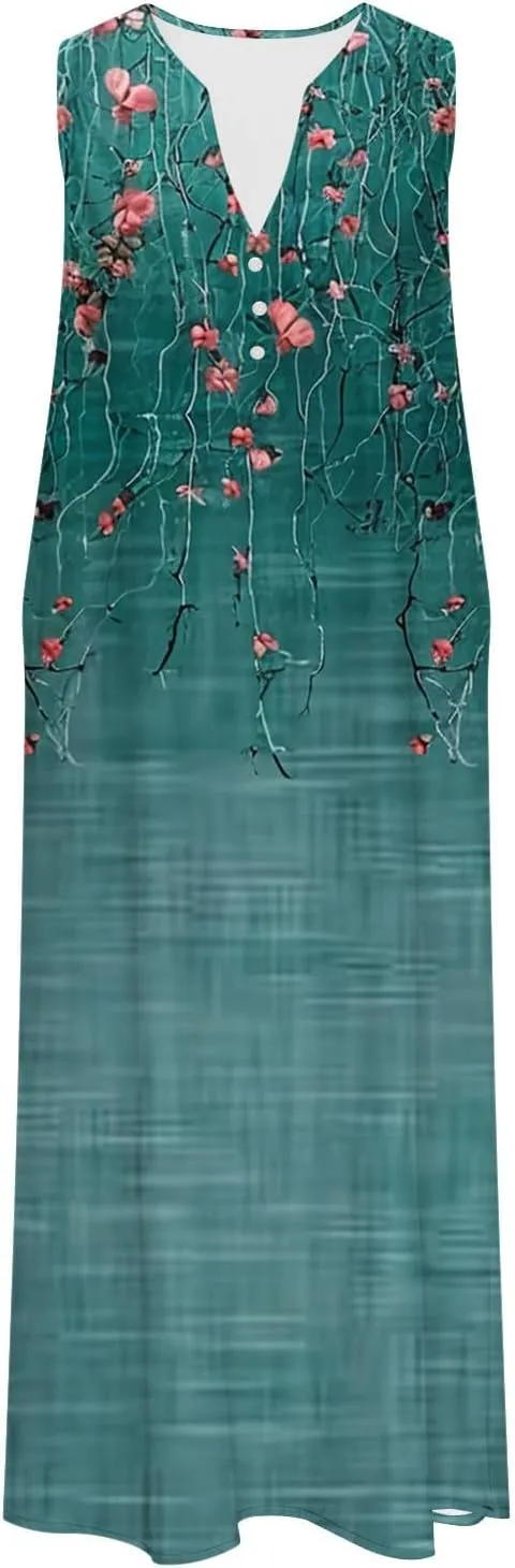 Women Boho Floral Print Midi Sun Dresses Casual Sleeveless Loose Flowy Dress Elegant Summer Beach Sundress with Pocket