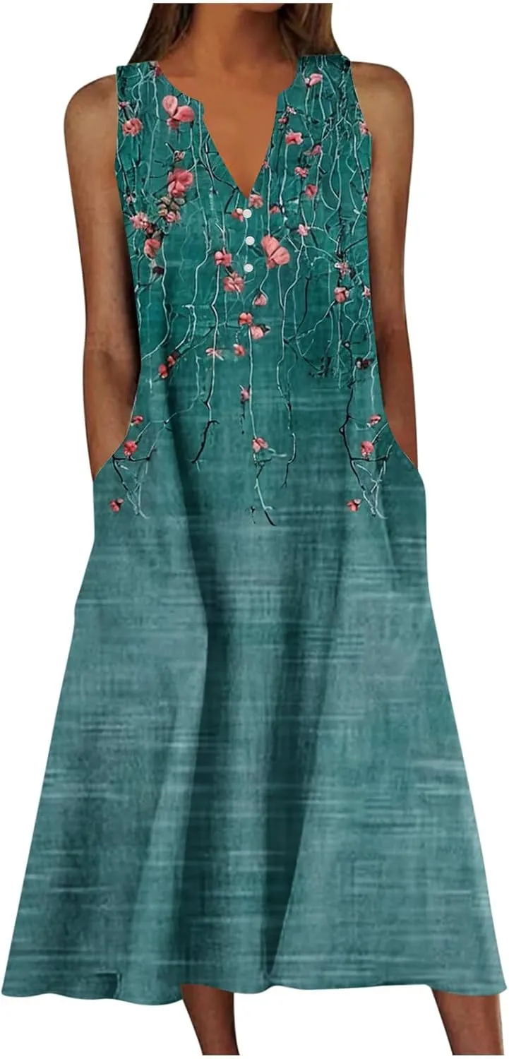 Women Boho Floral Print Midi Sun Dresses Casual Sleeveless Loose Flowy Dress Elegant Summer Beach Sundress with Pocket