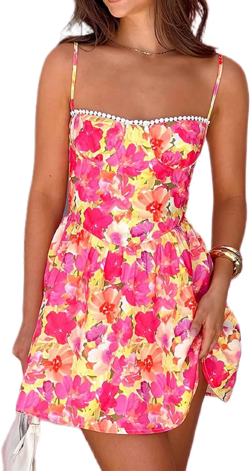 Women Boho Graphic Mini Cami Dress Spaghetti Strap Floral Short Dress Flowy Backless Sling Dress Summer Sundress