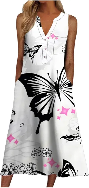 Women Casual Loose Long Dress Sleeveless Split Maxi Dresses Summer Beach Summer Casual Dresses for Women Knee