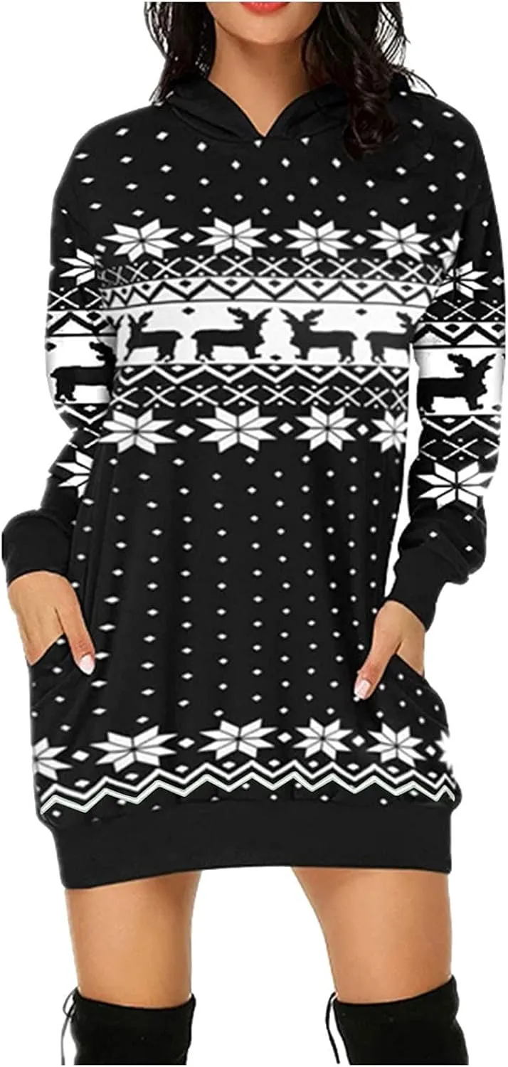 Women Christmas Hooded Sweatershirts Fall Long Sleeve Comfort Warm Oversized Hoodies Pullover Jumper Dress with Pockets