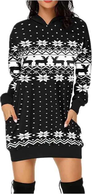 Women Christmas Hooded Sweatershirts Fall Long Sleeve Comfort Warm Oversized Hoodies Pullover Jumper Dress with Pockets