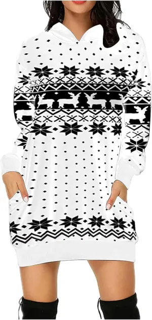 Women Christmas Hooded Sweatershirts Fall Long Sleeve Comfort Warm Oversized Hoodies Pullover Jumper Dress with Pockets