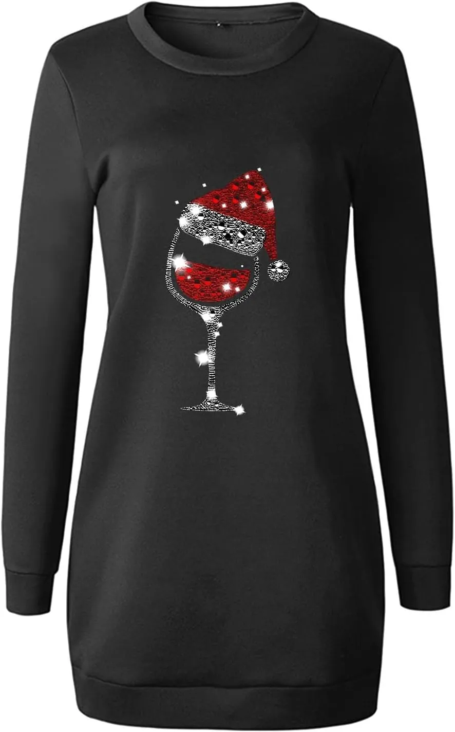 Women Christmas Sweatershirts Dress Casual Loose Solid Color Printed Lightweight Tunic Midi Pullover Jumper Dress