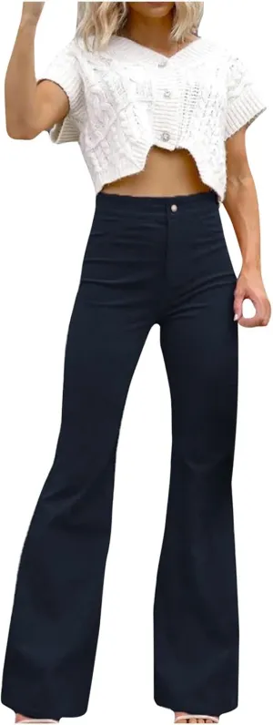 Women Corduroy Flare Pants Elastic High Waist Bell Bottom Trousers Vintage Baggy Wide Leg Flare Pants Long Sweatpants
