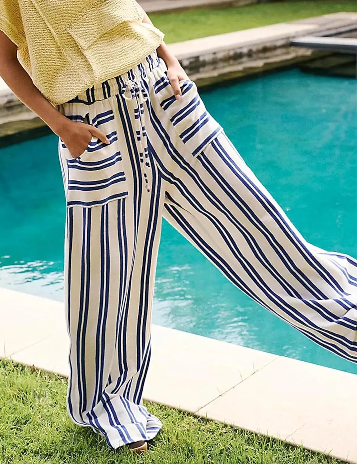 Women Drawstring Waist Stripe Wide Leg Pants Palazzo Pants for Women Casual Trousers Lounge Pants with Pockets